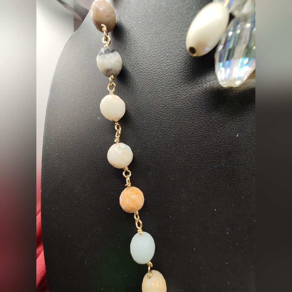 Vintage Gold Tone Chain Link Stone & Crystal Necklace Screw Back Crystal Earring - Picture 6 of 8